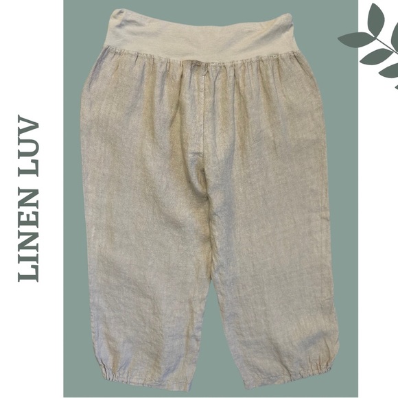 Linen Luv Cropped Pant Elastic Knit Waist front Button Detail Pockets Natural - Picture 3 of 8